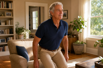 Man over 60 standing up from an armchair without using his hands