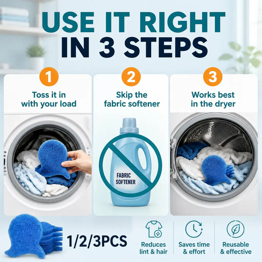 Three steps for using the laundry pet hair remover