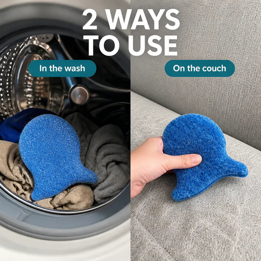 Pet hair remover used in laundry and on a couch